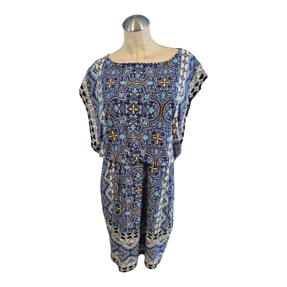 Chico's Size 2P LP Blue Blouson Dress Ornate Print